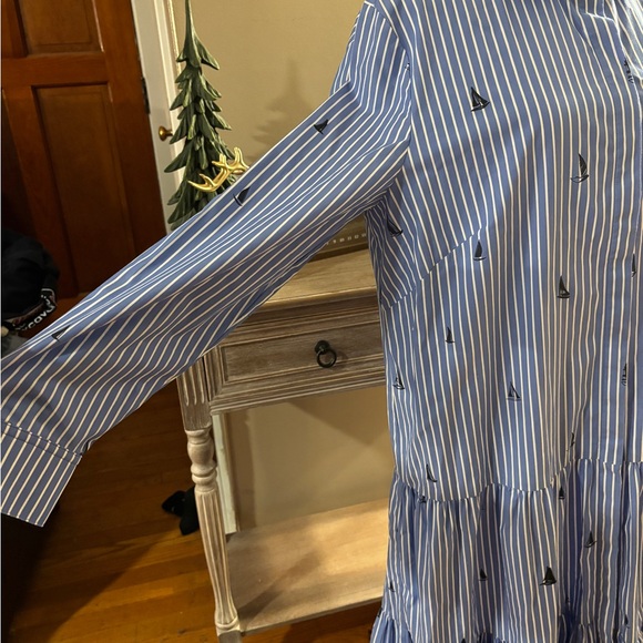 Chico’s Poplin Tiered Stripe Shirt Dress Sailboats Size 3 (US 16) Embroidered - Picture 6 of 12